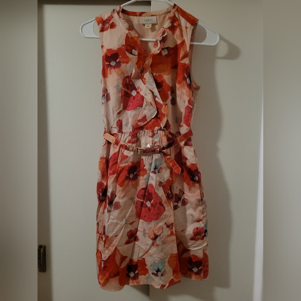 Pink Floral LOFT Belted-Ruffle Midi-Dress